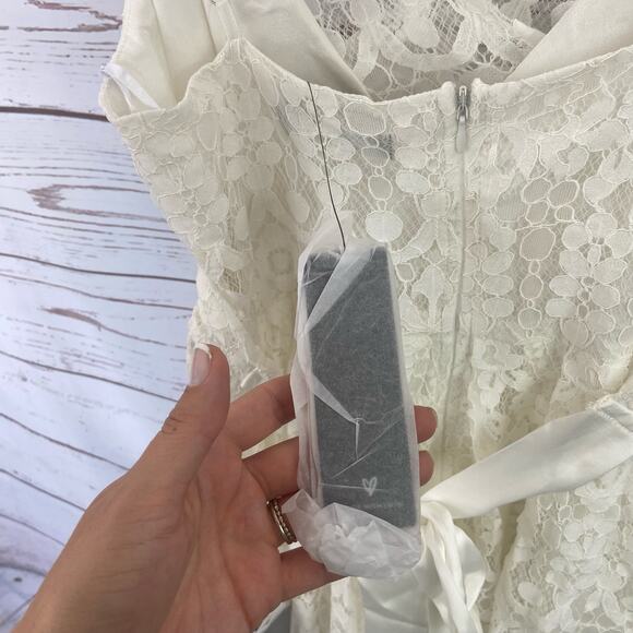 Lulus S Ivory Floral Lace Overlay Satin Tie Back Wrap Eyelash A-line Midi Dress - Picture 11 of 14